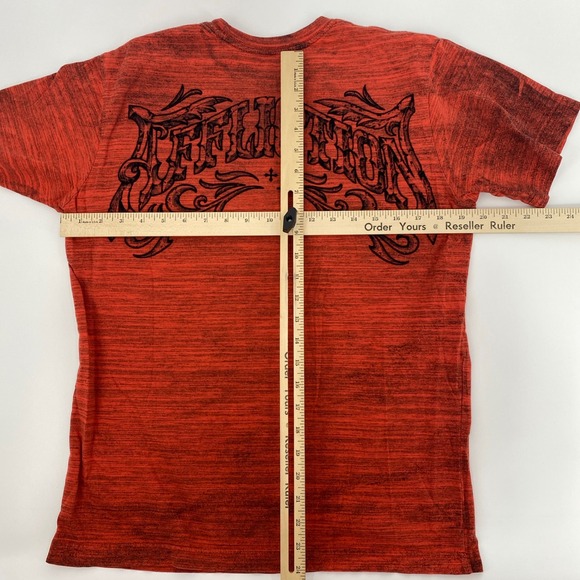 Affliction Graphic T Shirt Mens Medium Red Black Gothic Cross Space Dye Y2K MMA - Picture 6 of 9